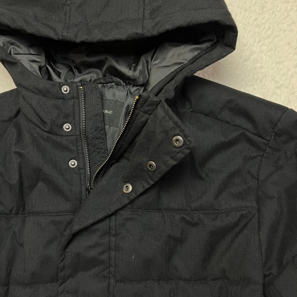 Banana Republic Puffer Jacket Mens Large Black Heather Colorblock Puffer Hooded
